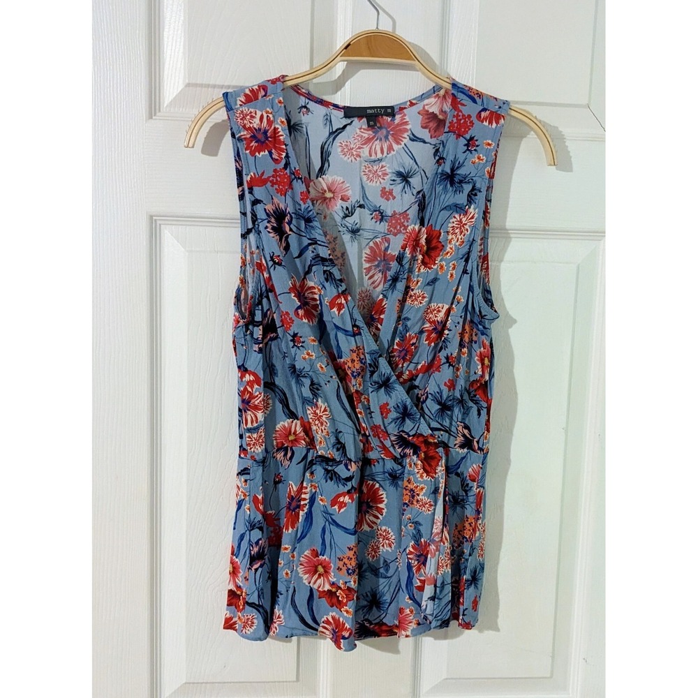 MATTY M Nordstrom Sleeveless Light Blue Floral Blouse Women Sz. M V Neck Flowy